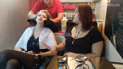 6207 Mia cam2 backward salon shampooing hair by barber black nylons, skirt and boots