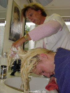 657 Monika blonde damaged hair forward wash by white apron barberette