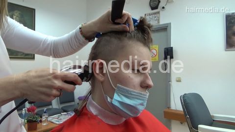 8401 Masha 1 smoking outdoor and headshave in barbershop by female barber JelenaB