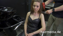 Load image into Gallery viewer, 8165 Irina braces 2 haircut by Ukrainian barber in RSK leatherdress and black vinylcape complete