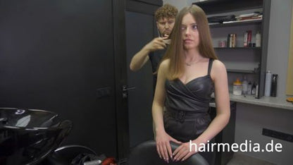 8165 Irina braces 2 haircut by Ukrainian barber in RSK leatherdress and black vinylcape complete