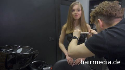 8165 Irina braces 2 haircut by Ukrainian barber in RSK leatherdress and black vinylcape complete