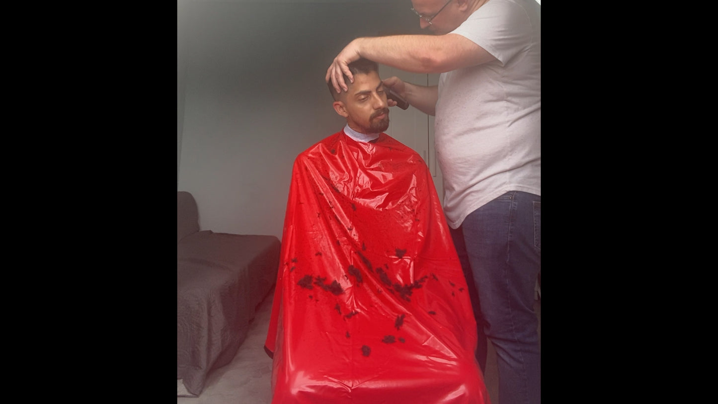 2012 20210715 StefanS buzzcut by hobbybarber in home office red vinyl hair on cape