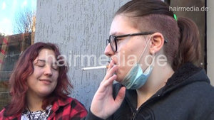 8401 Masha 1 smoking outdoor and headshave in barbershop by female barber JelenaB