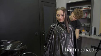 8165 Irina braces 2 haircut by Ukrainian barber in RSK leatherdress and black vinylcape complete