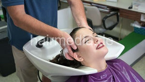 9146 KseniaK by barber ASMR backward salon shampooing in purple pvc vinyl shampoocape