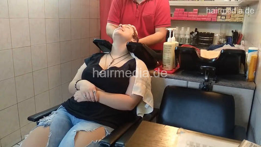 6207 young girls Chris broken jeans 1 backward salon shampooing hair and ear by barber wash  facecam
