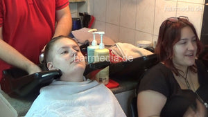 6207 young girls Masha 1 backward salon shampooing hair face and ear by barber wash