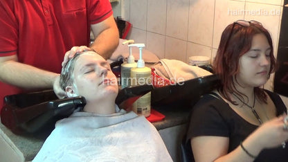 6207 young girls Masha 1 backward salon shampooing hair face and ear by barber wash