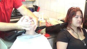 6207 young girls Masha 1 backward salon shampooing hair face and ear by barber wash