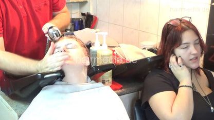 6207 young girls Masha 1 backward salon shampooing hair face and ear by barber wash