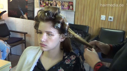 6207 young girls Mia 2 first wet set in large metal rollers by mature barberette