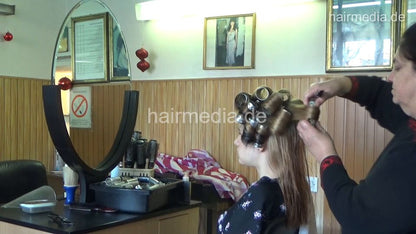 6207 young girls Mia 2 first wet set in large metal rollers by mature barberette