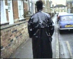 0053 UK old fashion laquer coat 1980 scene shampoo forward cut and blow in vinyl coat