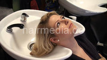 将图片加载到图库查看器，9048 01 Alina blonde business woman backward salon shampooing in skirt, nylons and highheels by SandraN