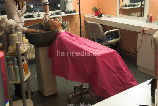 694 SandraK in skirt sexy shampooing in pvc shampoocape by polish hairdresser
