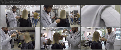 1062 blond women getting a dry haircut using a clipper shaver with layered bangs