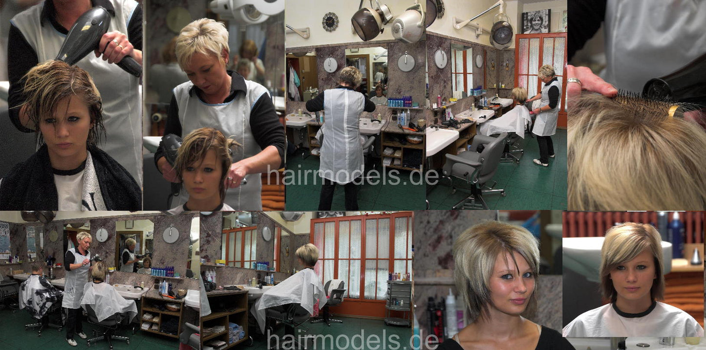b011 Teen Jessi strong forward wash and blow by mom in white apron in vintage salon