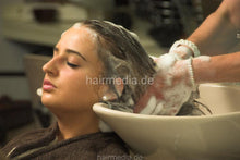 Load image into Gallery viewer, 6129 05 VeronikaR backward shampooing hair wash by strong barberette in nylon apron Nylonkittel Friseurkittel
