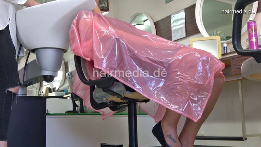 Inge TV unique large pink shiny latex heavy tie closure saloncape e0136