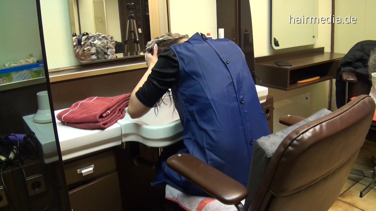 8131 1 Agata barberette in RSK nylon apron  forced to self forward hairwash  TRAILER