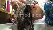Load image into Gallery viewer, 357 Julia 1 by MelanieP forward shampoo hairwash in heavy blue plastic shampoocape
