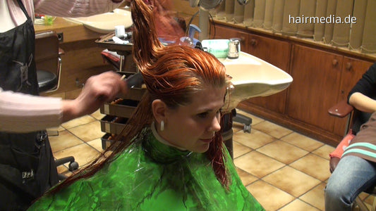 8097 JuliaH 2 cut redhead in heavy green pvc plastic apron cape