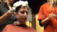 Cargar imagen en el visor de la galería, 360 TatjanaR by KristinaB and LauraL backward shampoo salon hairwash in pink apron