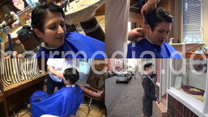8098 TatjanaR 2015 2 haircut buzz by truckdriver barber in blue nylon barbercape