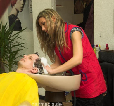 287 2 barber got backward manner salon hairwash shampooing by KristinaB in red apron