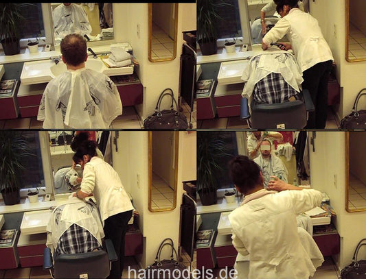 257 s1772 male client firm 2x wash and massage by mature barberette in white apron