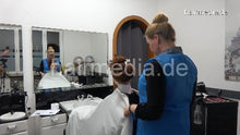 Load image into Gallery viewer, 8300 JuliaR by MelanieM 1 drycut, haircut on barberchair in vintage barbershop in blue apron