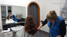 Load image into Gallery viewer, 8300 JuliaR by MelanieM 1 drycut, haircut on barberchair in vintage barbershop in blue apron