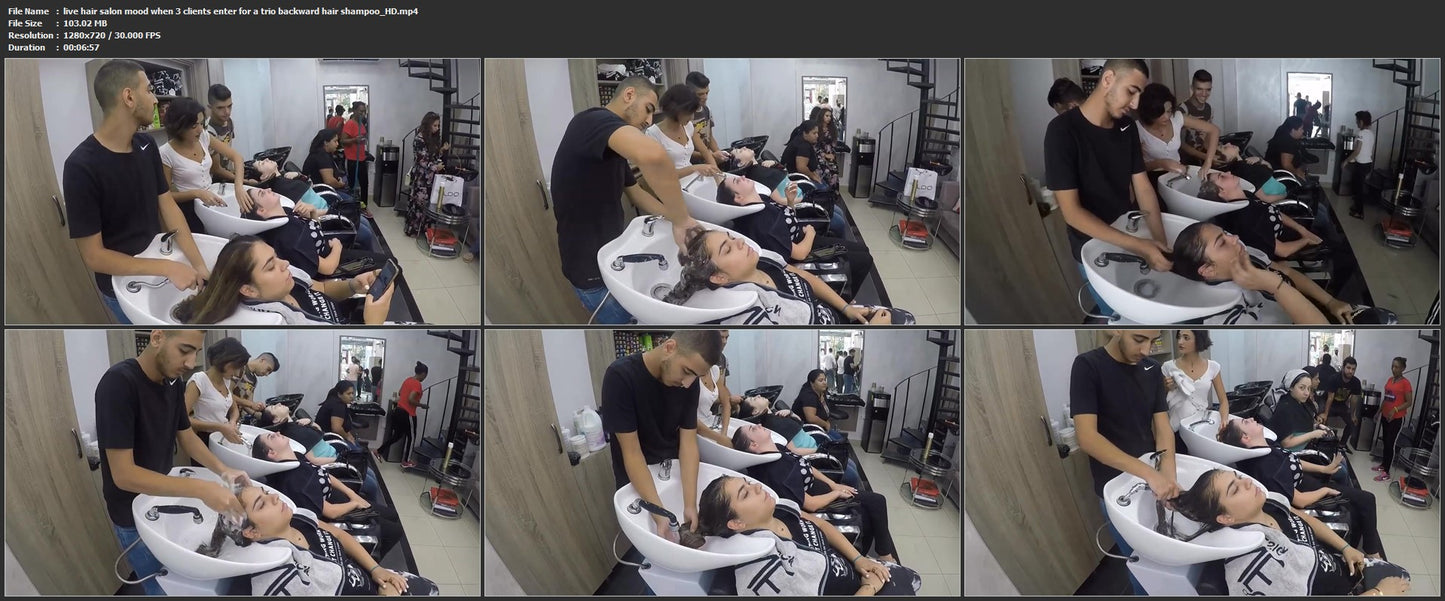 1062 live hair salon mood when 3 clients enter for a trio backward hair shampoo