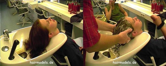 9117 Nicole salon owner backward wash shampooing by barber