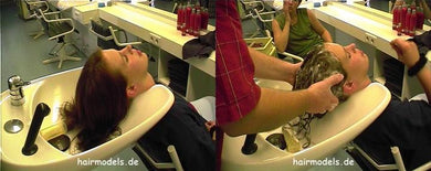 9117 Nicole salon owner backward wash shampooing by barber