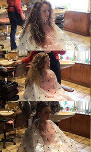 4007 AngelikaM 1 highlighting torture thick curly long hair in white pvc cape silent salon