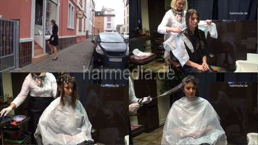 4014 Annina 1 blonde A bleaching in shiny PVC cape by mature barberette