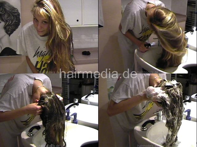 986 A lone in a row. Barberette washing her long blonde hair in salon forward