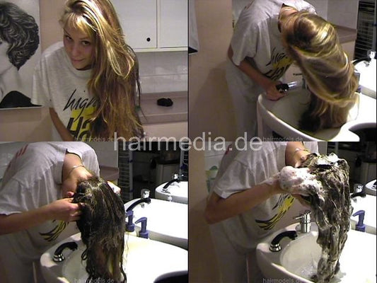 986 A lone in a row. Barberette washing her long blonde hair in salon forward