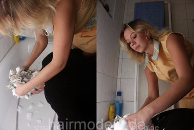 211 barber got a firm shampoo by apron barberette Nadine forward  over bathtub