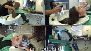 8043 2 shampooing teen long hair in green towel shampoobowl backward