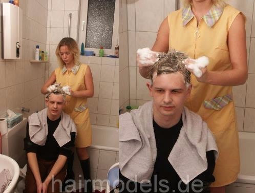 211 barber Timo got a firm shampoo by apron barberette Nadine upright
