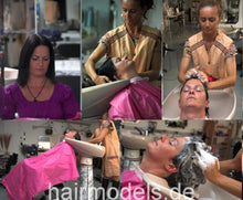Charger l&#39;image dans la galerie, 6023 Heike pampering shampooing by Iris in orange apron using rubber shampoocape