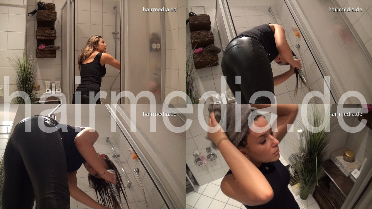 7079 KristinaB fakeperm in leather latex pants short trailer