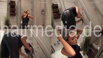 7079 KristinaB fakeperm in leather latex pants short trailer