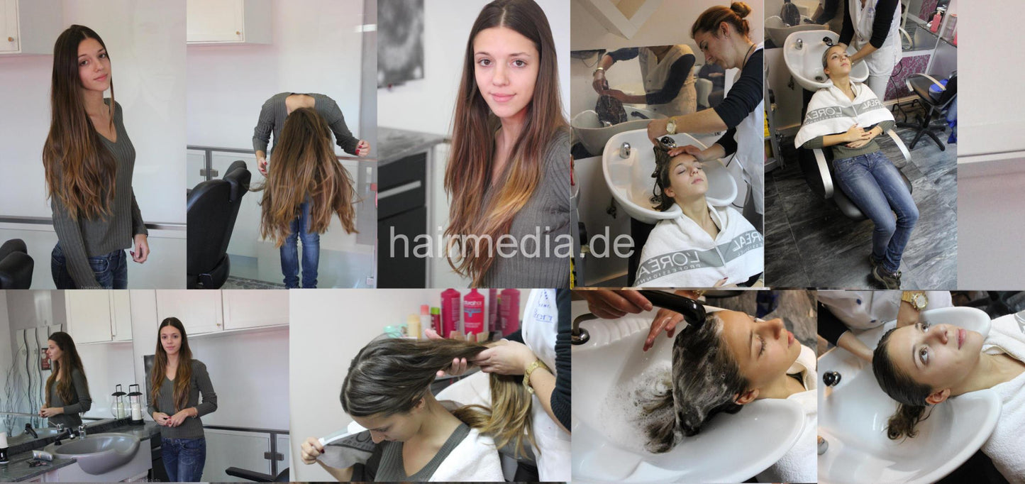 342 Teen Catarina long thick hair 1st salon visit ever, backward salon shampooing hairwash