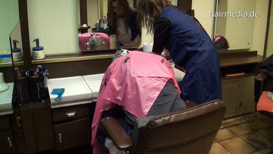 8131 2 Agata wet hair barberette in RSK nylon apron doing male customer forward  TRAILER