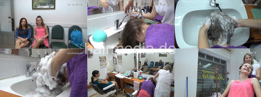 535 1 Christine teen head and face forward wash by female strong barber in white apron
