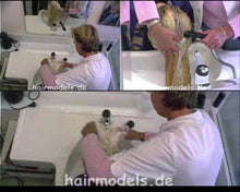 Laden Sie das Bild in den Galerie-Viewer, 657 Monika blonde damaged hair forward wash by white apron barberette